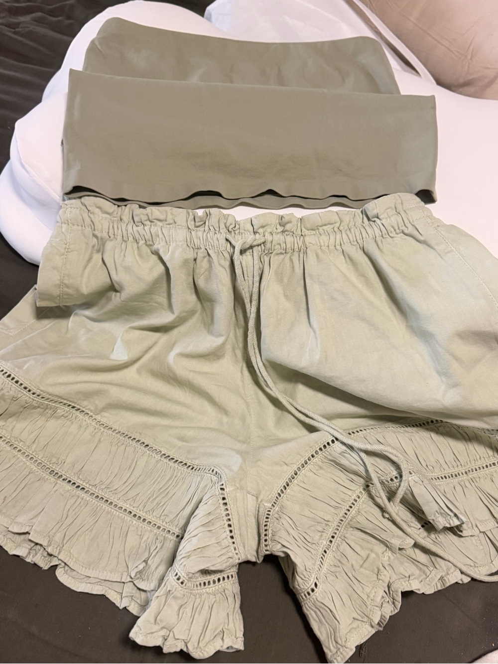 Light sage Free People shorts and tube top.  Just noticed small hole on back.